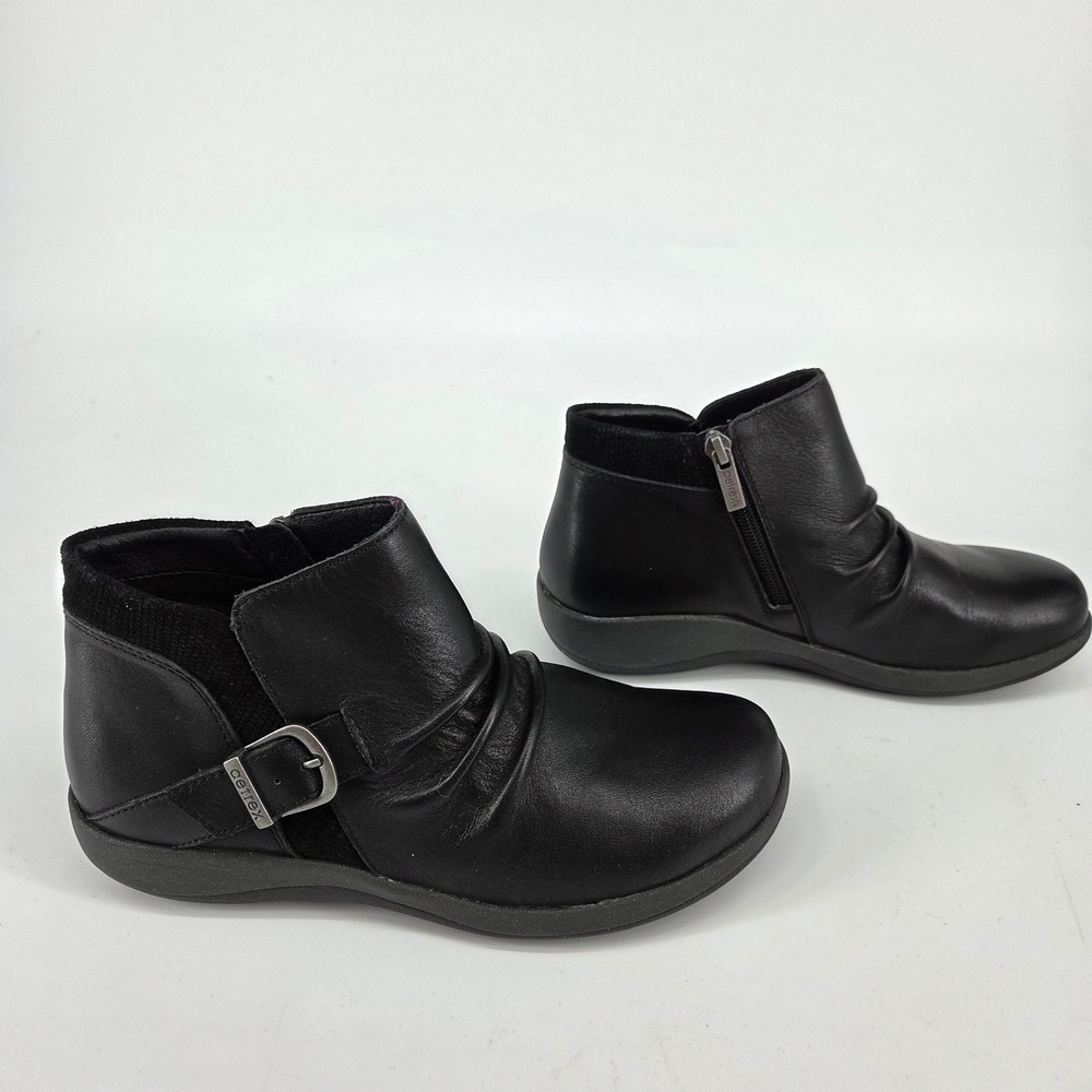 Aetrex Luna Black Leather Ruched Ankle Boots Womens 6-6.5 Side Zip DM700WM - Picture 2 of 7